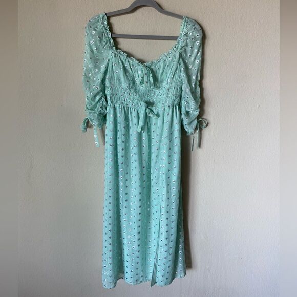 For Love & Lemons Eden Silk Midi Mint Green Dress Blend Metallic Hearts Size S - Picture 5 of 9